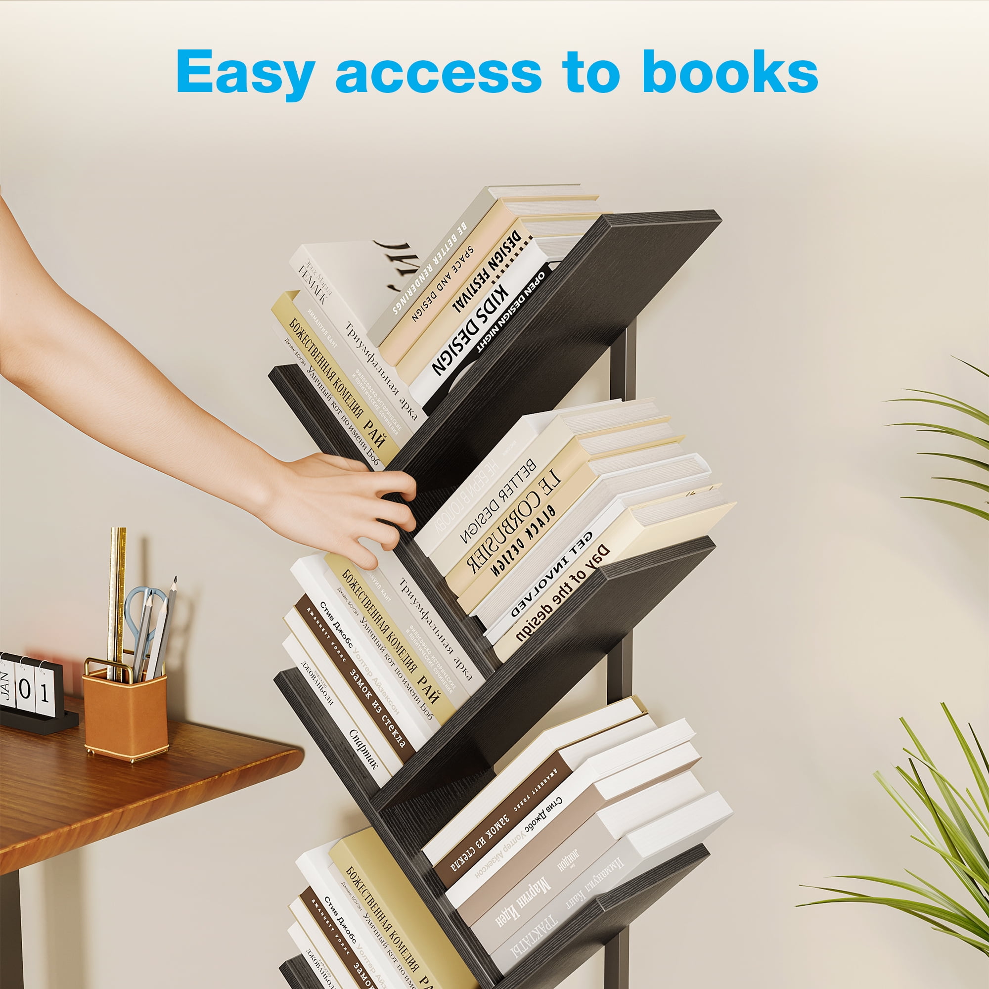 Casacomoda 6-Tier Tree Bookshelf for Corner & Small Space — Narrow Steel & Wood Bookcase, Tall Floor Standing Book Organizer Shelf with Storage Cabinet, Home Decor for Living Room, Bedroom, Black