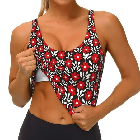 Qokaie Red Floral Pattern Womens Scoop Neck Sports Bra Breathable Workout Vest Padded U Back Medium Impact Fitness Gym Yoga Bra Workout Crop Top
