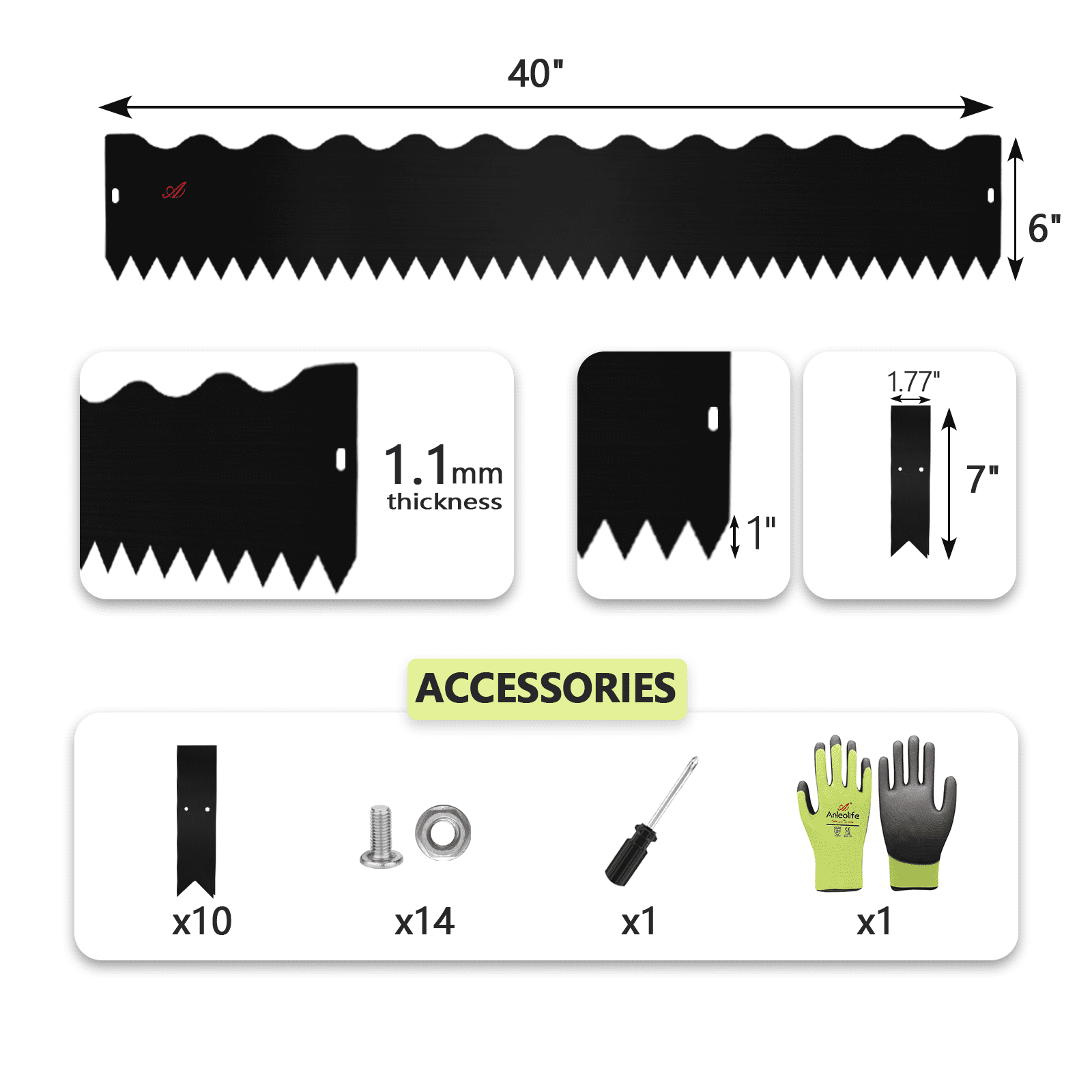 6 Pack 40" LX 6" H Galvanized Steel Garden Landscape Edging, Black Powder Coated Lawn Border with Gloves and 10 Stakes (20FT Total) (6 inch tall, wavy Edge, Black)…