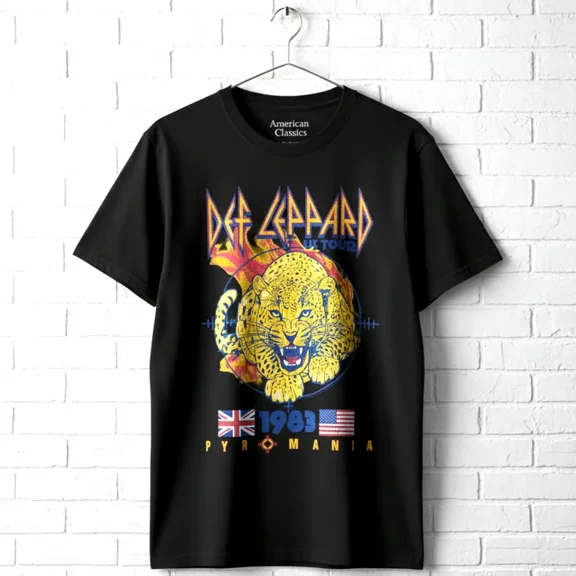 Def Leppard Pyromania US Tour 1983 Men's T Shirt (Black, AdultS)