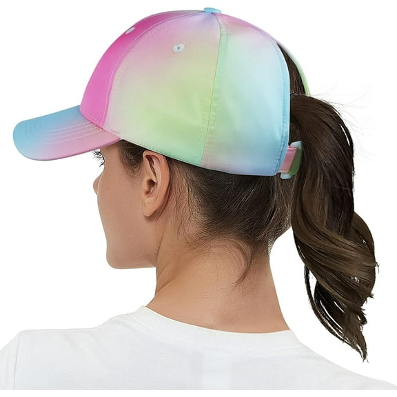 Muryobao Womens Ponytail Baseball Cap Adjustable High Messy Bun Ponycap Lightweight Quick Drying Trucker Hat for Outdoor Sports Travel Rainbow