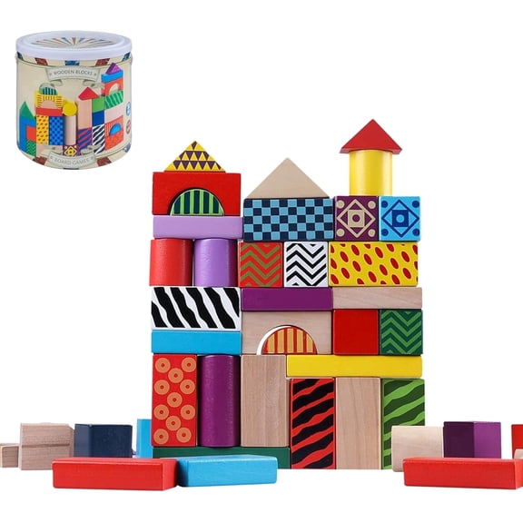 Wooden Building Blocks Set Montessori Stacking & Shape Sorting 50 Pieces with Storage Bucket for Toddlers, Boys & Girls