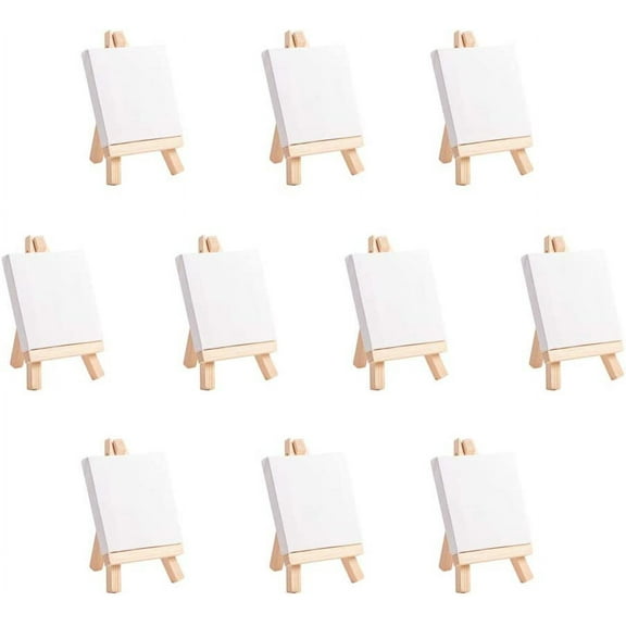 10 Sets Mini Wooden Easel Sketchpad 2.8" x 2.8" Canvas Panel for Painting Craft Drawing Decoration Gift Art Project DIY and Art Supplies