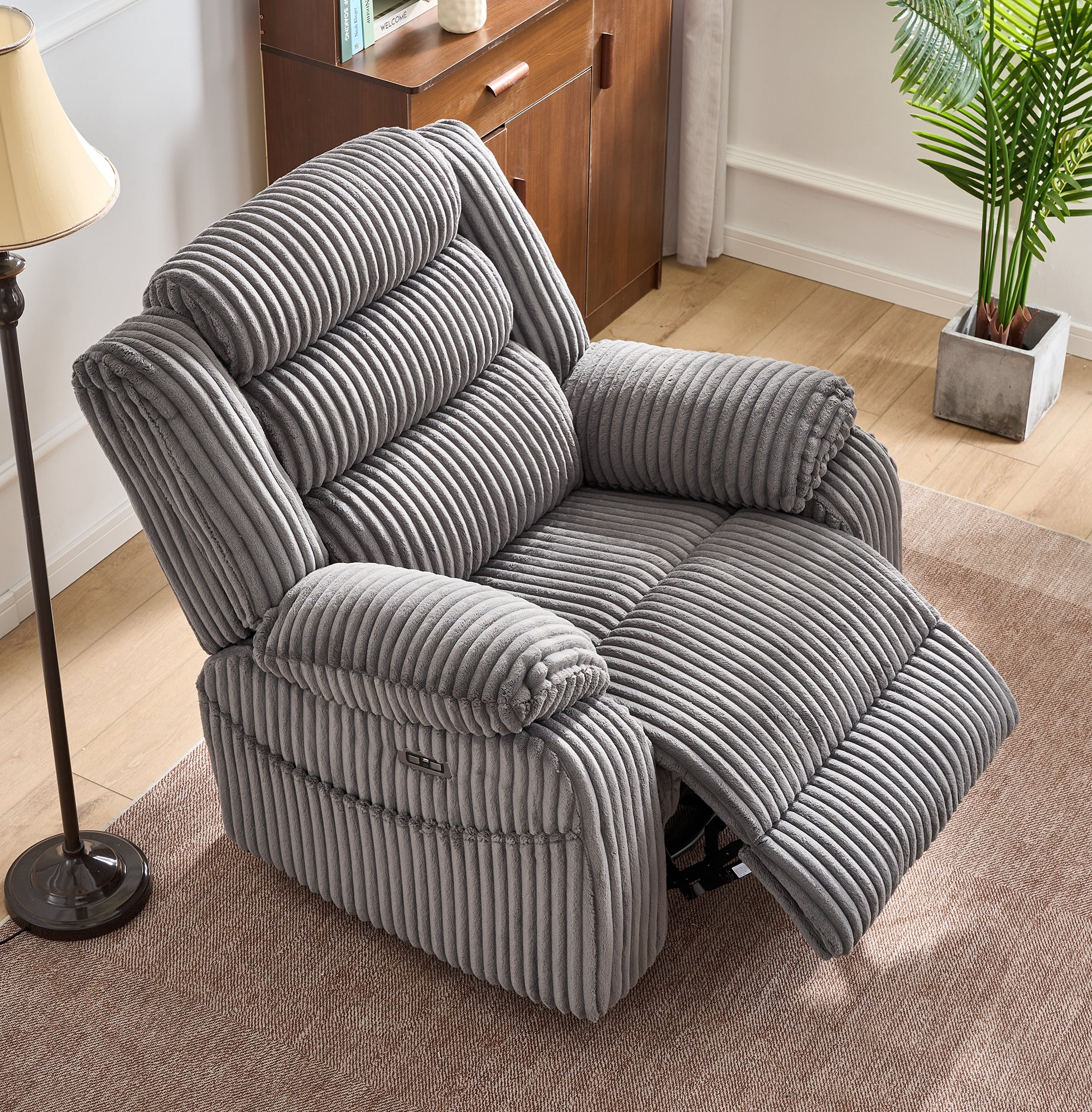 Leumius Extra Wide Power Recliner Chair,270° Swivel Rocking Chair with Heat & Massage,USB & Type C Charging Port,Velvet Upholstered Recliner with Side Pockets for Living Room, Bedroom, Nursery,Gray