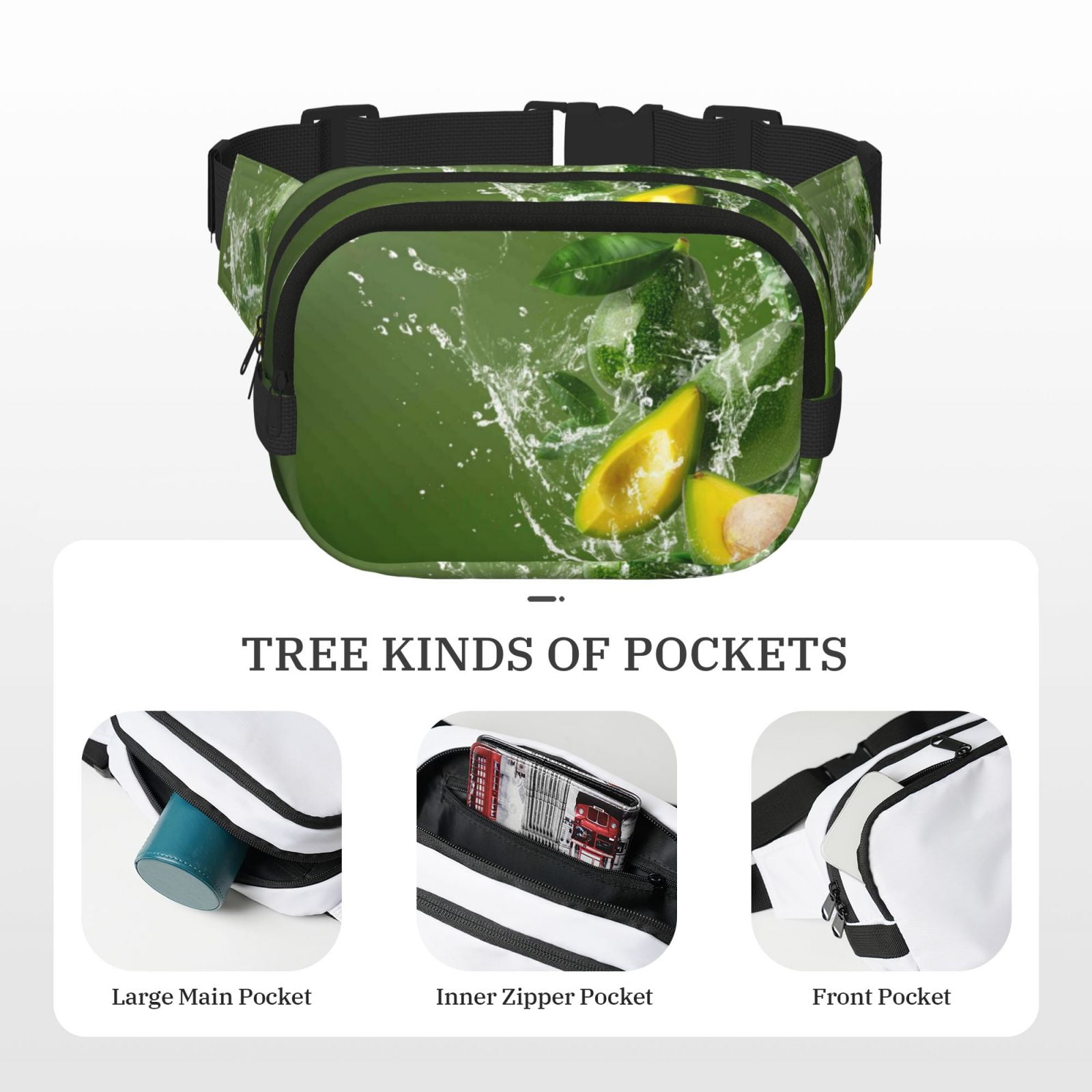 Picia Friut Avocado Print Square Double-Layer Waist Bag Mini Adjustable Waist Belt Bag Exercise Running Travel Hiking