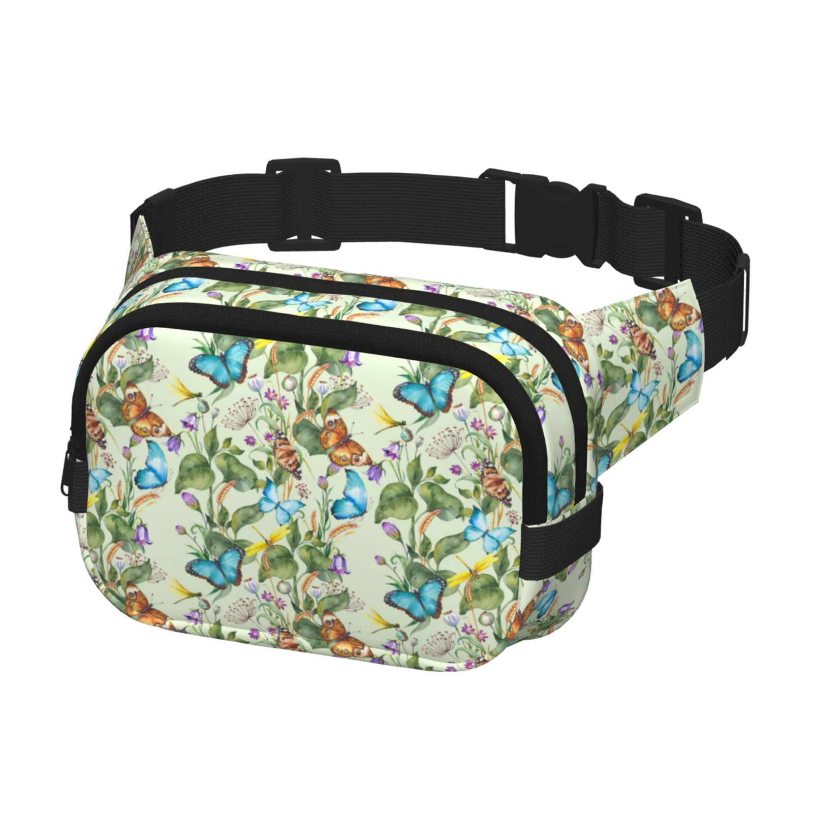 Picia Meadow Plants And Butterflies Print Square Double-Layer Waist Bag Mini Adjustable Waist Belt Bag Exercise Running Travel Hiking