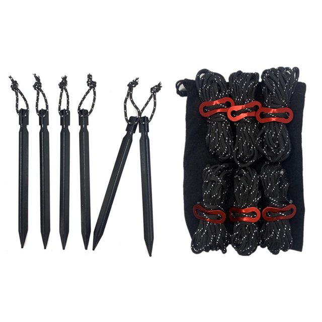 Cuerdas reflectantes para carpas, clavijas, hebillas y bolsa de almacenamiento, color negro, kit esencial para una instalación segura de equipos para acampar al aire libre