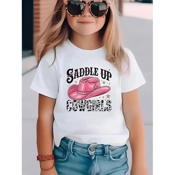 Stretchy Fit | Girls' Summer "Saddle Up Cowgirls" Graphic Tee - Casual Round Neck, Stretchy Cotton Knit Top with Cartoon Print, Machine Washable, Playful Outdoor Attire | Round Neck Tshirt | Machine