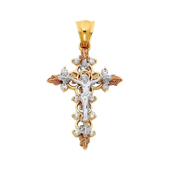 14K Tri Color Gold Cubic zirconia Religious Crucifix Charm Pendant for Necklace Chain | Jewelry Gift for Men Women | 36 x 27 MM | 6.3 grams