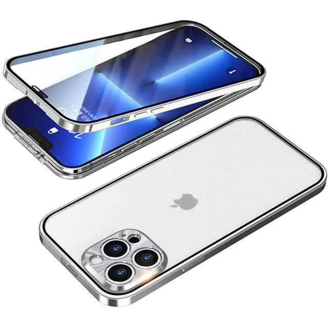 Buckle Installation iPhone 13 pro max case 360°Full Aluminum Bumper with Lock Tempered Glass Shockproof Translucent backplane Double Sided Protection (iPhone13promax, Silver) Silver iPhone13promax