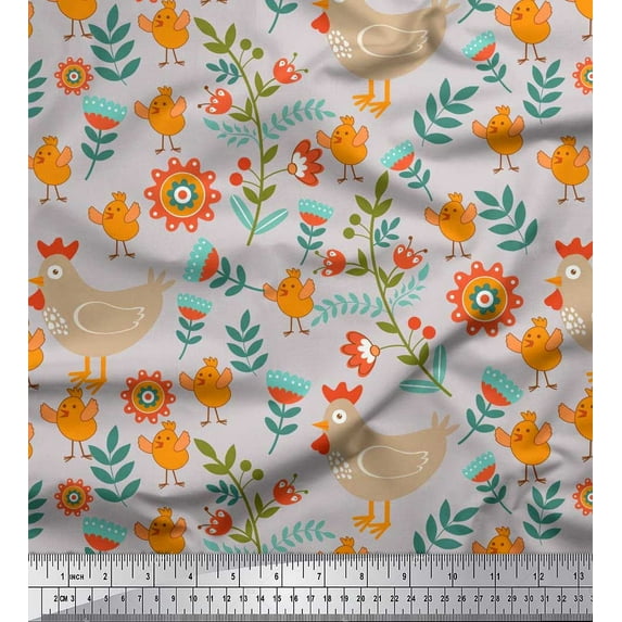Soimoi Velvet Fabric Leaves,Cock & Chick Cartoon Print Sewing Fabric Yard 58 Inch Wide