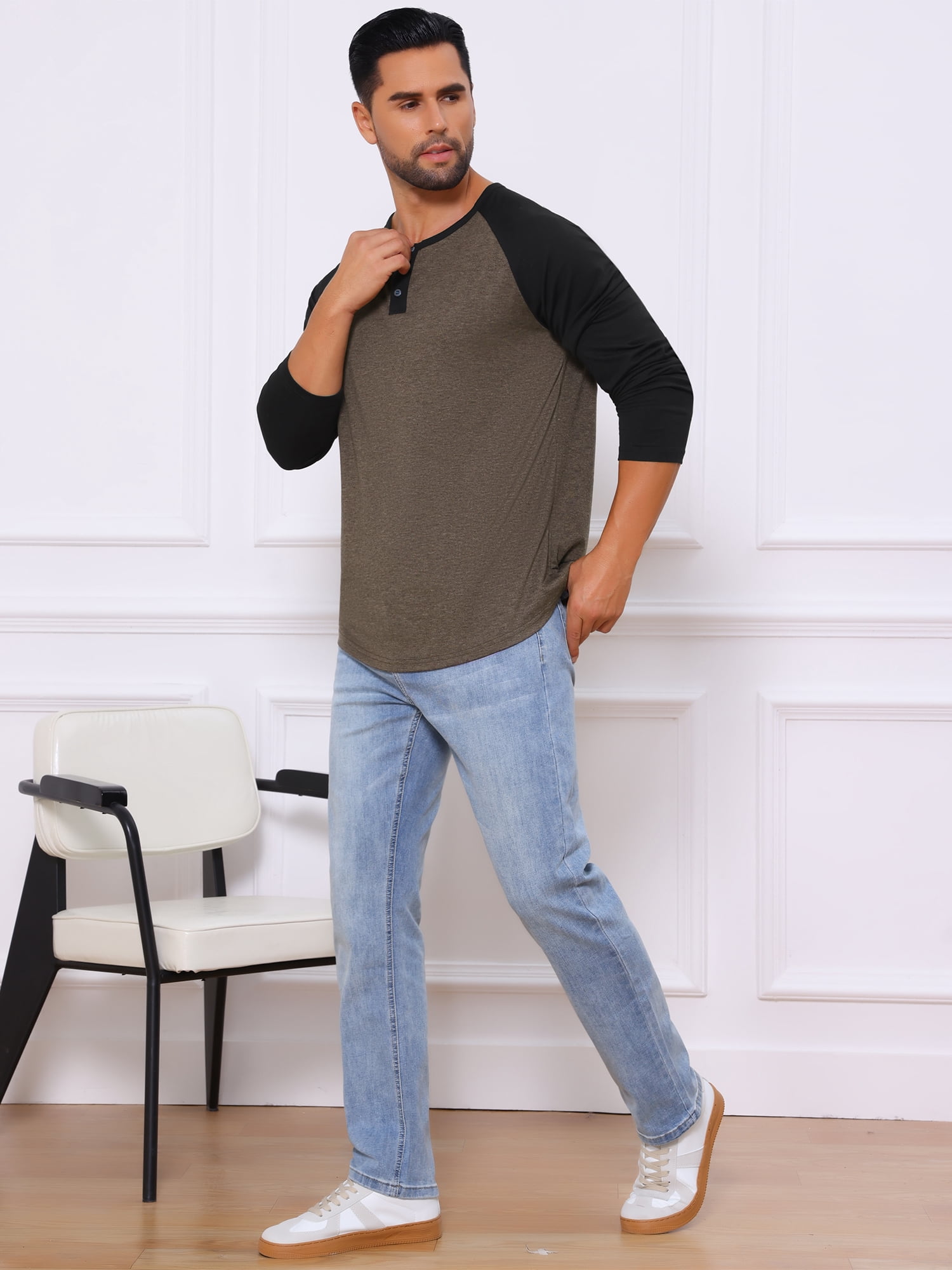 DARING DIVA Men's Raglan Long Sleeve Tee Shirt Baseball Henley T-Shirts S Brown Black