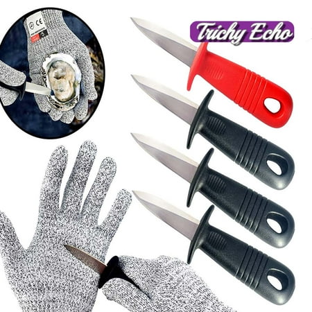 

Oyster Knives with Grey Cut Resistant Gloves Set Oyster Shucking Knife with Black Plastic Non-Slip Handle Opener Kit Tools for Oyster Clam Shellfish Seafood