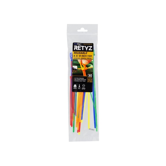 6 Inch Mini, 8 Inch, and 10 Inch 5-Color Variety Pack Releasable/Reusable Cable Tie - 30 Pack