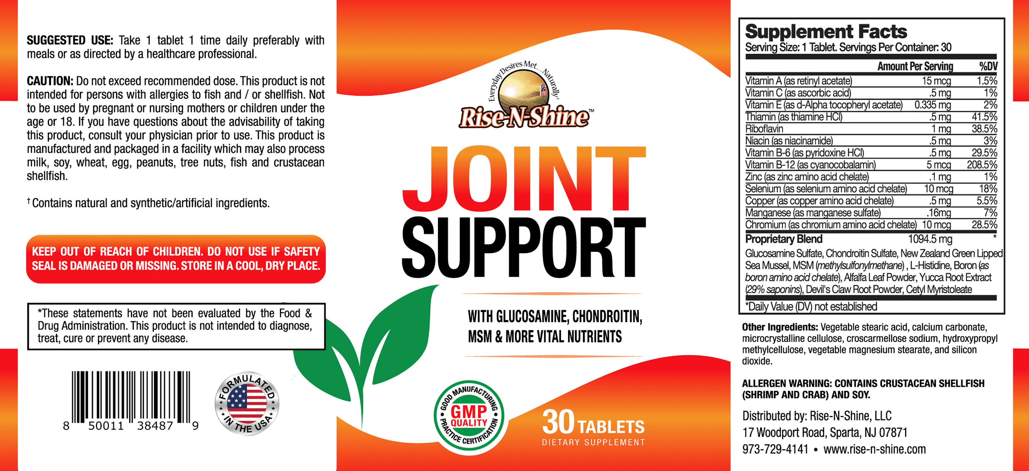 Rise-N-Shine, Joint Support with Glucosamine, Chondroitin, MSM & More, Men and Women, 30 Count