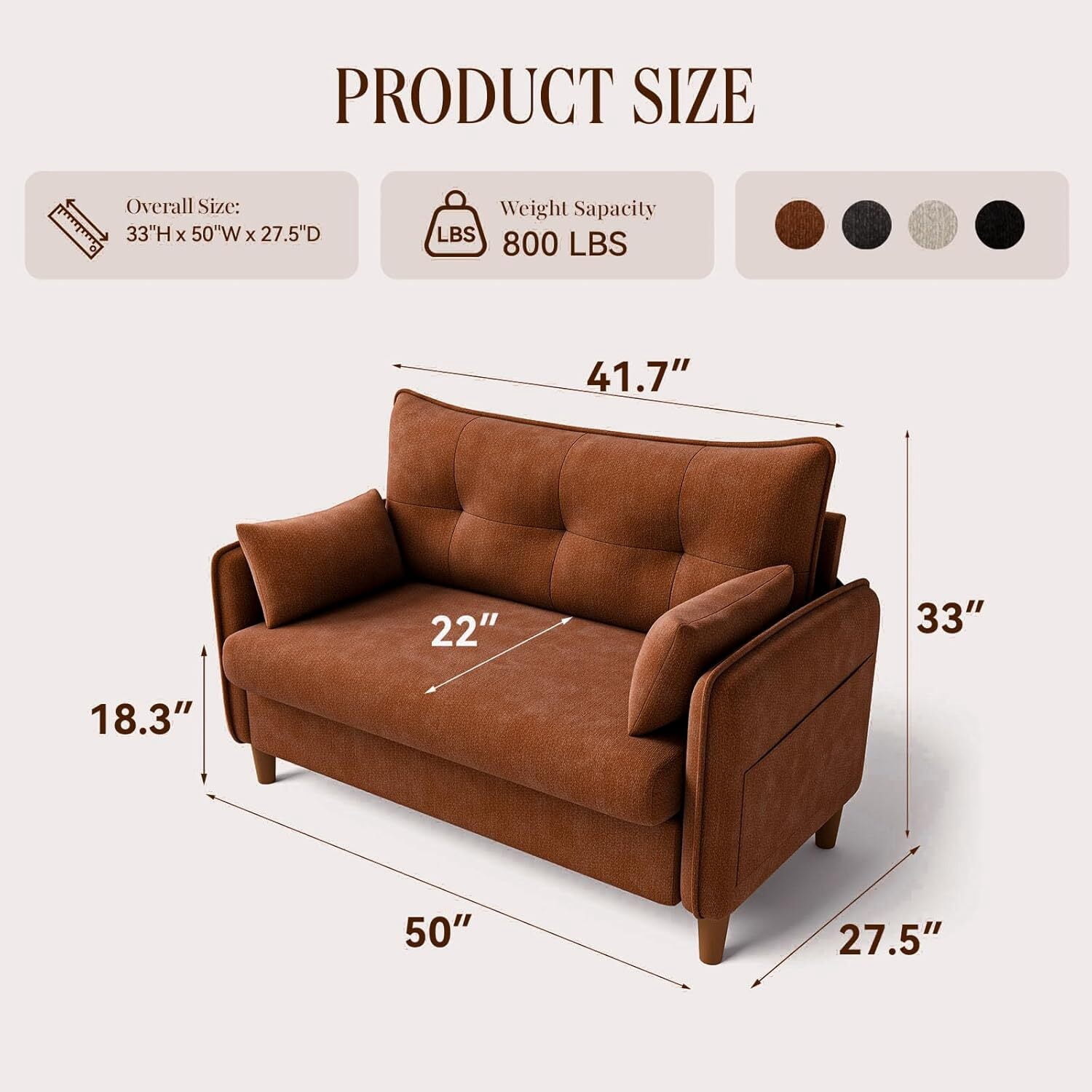 Gacale 50" Loveseat Couch with Tufted Design | Space-Saving Love Seat Sofa for Small Spaces, Bedroom, and Apartment, Brown