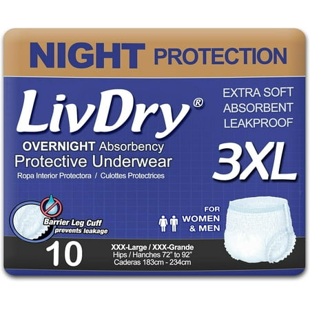 LivDry 3XL Overnight Adult Diapers for Women and Men  Incontinence Underwear (XXX-Large  10-Pack)