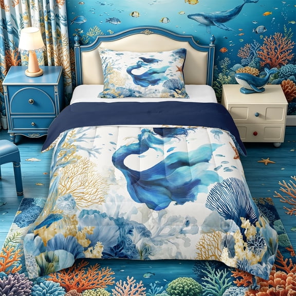 Castle Fairy Dreamy Watercolor Mermaid Print Twin Comforter Sets 2pcs,Coral Jellyfish Pastel Sea Layout Bedding Set,Sky Lavender,Navy Blue Reversible,1 Comforter and 1 Pillowcase