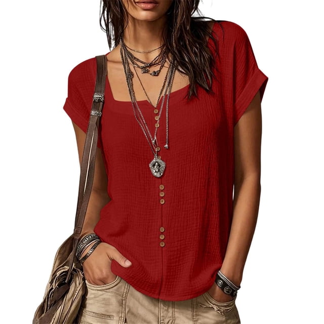 Neewe Women Summer Button Down Square Neck Shirt Short Sleeve Cotton Blouses Button Up Tops Daily Outfits