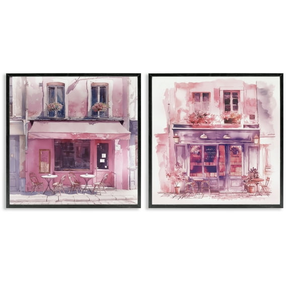 Stupell Industries Pink Outdoor Café Tables Buildings & Architecture Painting Black Framed Art Print Wall Art, 12 x 12, Set of 2