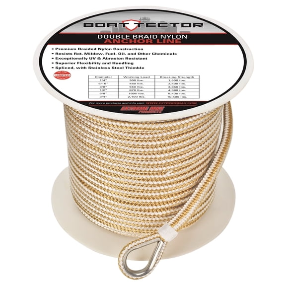 Extreme Max 3-8X250 W-G W-THIMBLE 0.37 in.x 250 ft. BoatTector Double Braid Nylon Anchor Line with Thimble