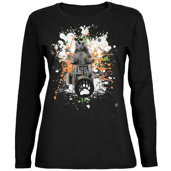 Bear Drummer Splatter Black Womens Long Sleeve T-Shirt - X-Large