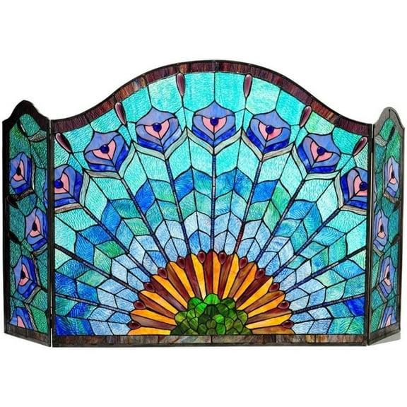 Pemberly Row Glass3pcs Folding Peacock Fireplace Screen 48" Wide