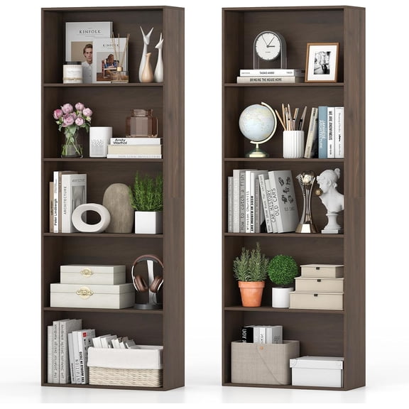 5-Tier Bookshelf Set of 2, Freestanding Bookcase with 5 Open Shelf | Modern Display Shelf, Storage Organizer for Living Room, Home Office, Dark Walnut