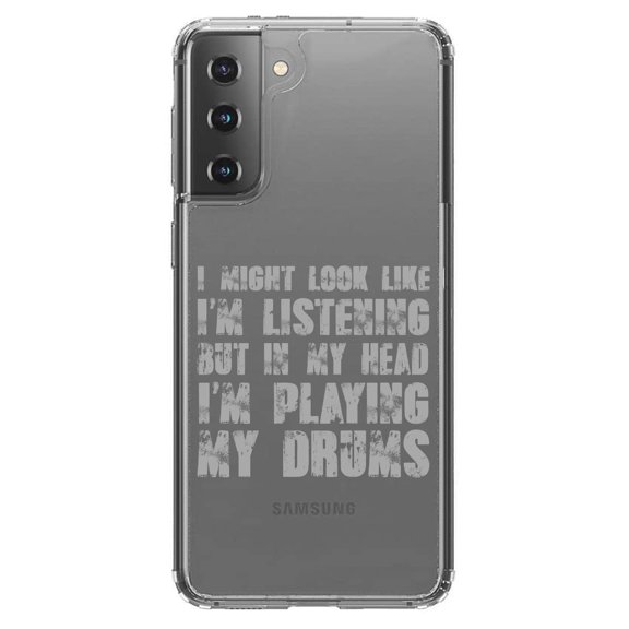 DistinctInk Clear Shockproof Hybrid Case for Galaxy S21  PLUS 5G (6.7" Screen) - TPU Bumper Acrylic Back Tempered Glass Screen Protector - In My Head, I'm Playing Drums