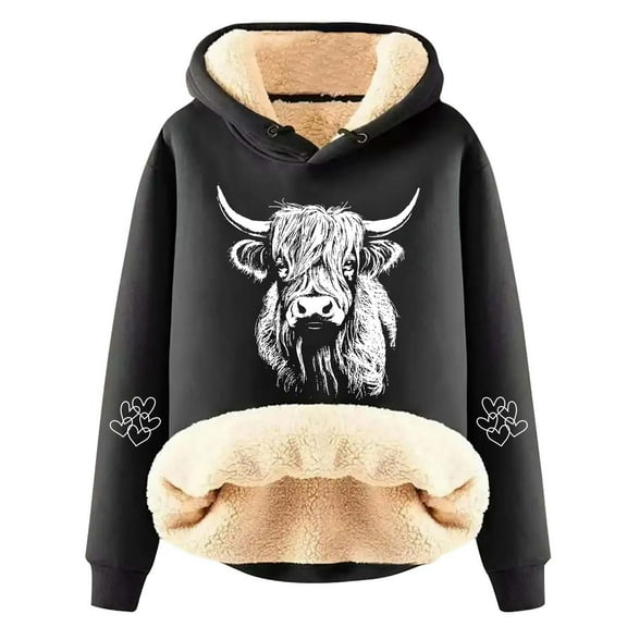Womens Cozy Hoodies Thick Long Sleeve Highland Cattle Print Hooded Sweatshirt Fall Fashion Pullover Sweaters Winter Clothes
