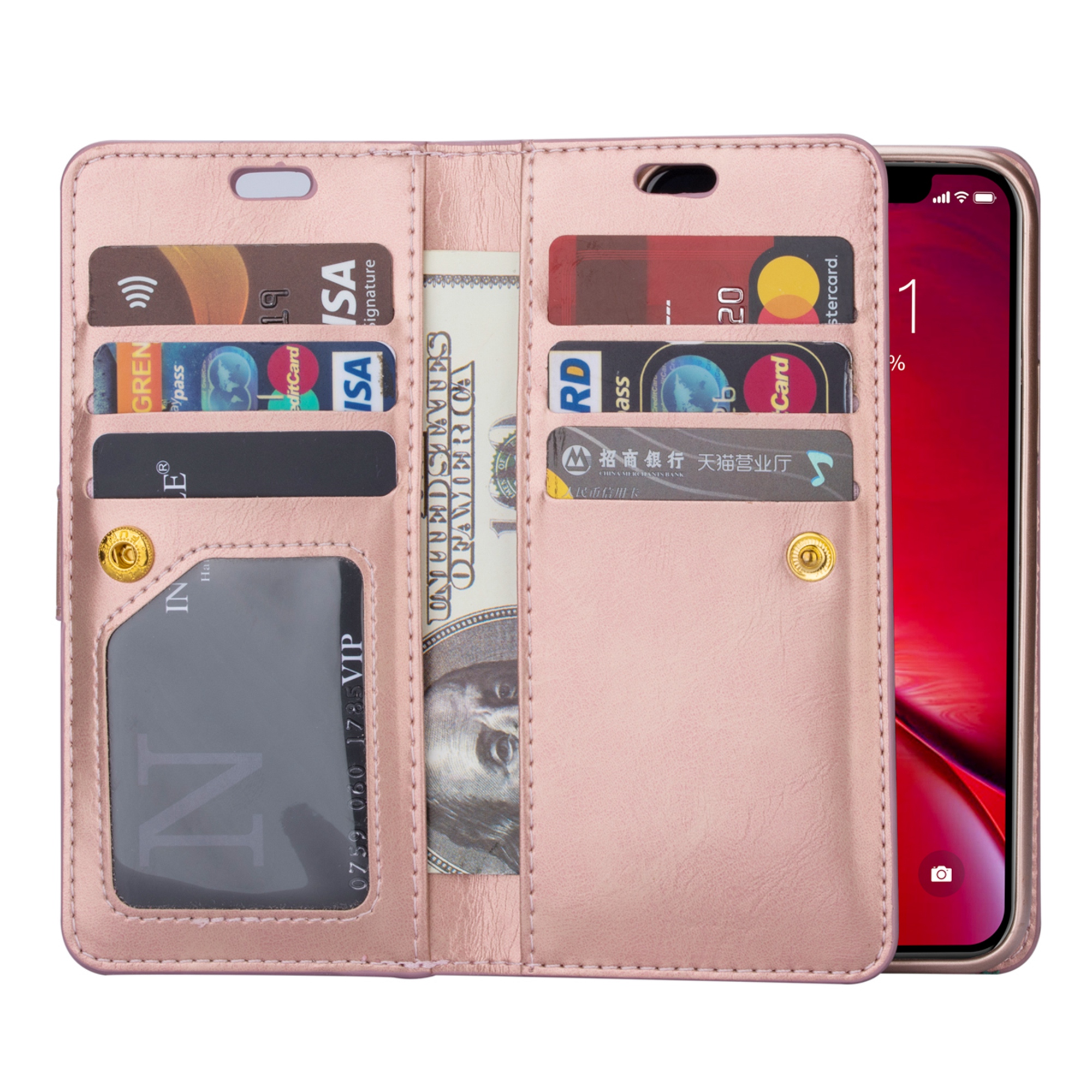 iPhone 11 6.1 inch Wallet Case, Dteck 9 Card Slots Premium Leather Zipper Purse case Flip Kickstand Folio Magnetic with Wrist Strap Credit Cash Cover For Apple iPhone 11, Rosegold - image 4 of 7