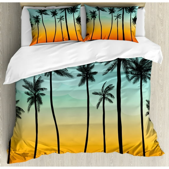 Tropical Duvet Cover Set Queen Size, Palm Tree Silhouettes in Summer on an Ombre Effect Background, Decorative 3 Piece Bedding Set with 2 Pillow Shams, Orange Pale Blue Charcoal Grey, by Ambesonne