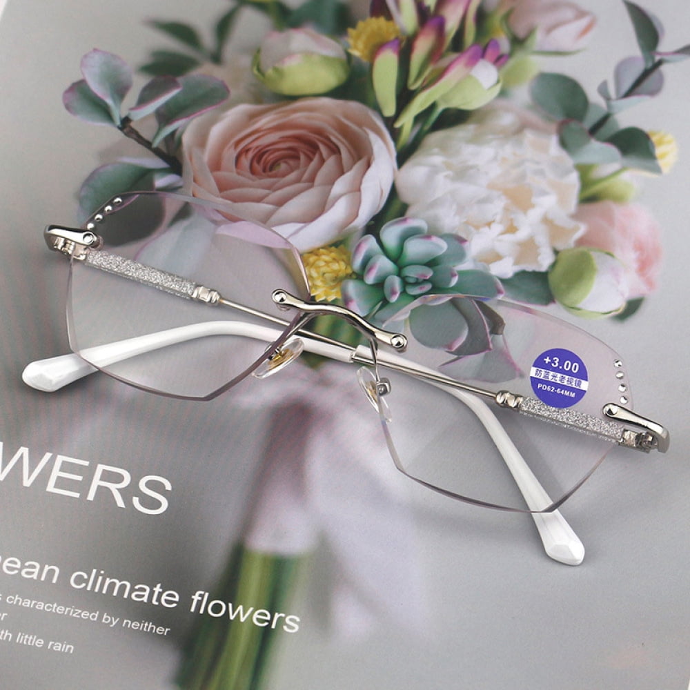 2 Pairs of New Rimless Diamond Trimming Silver Anti-Blue Light Reading Glasses Fashion Metal Gradient Pink Sunglasses Readers +3.50