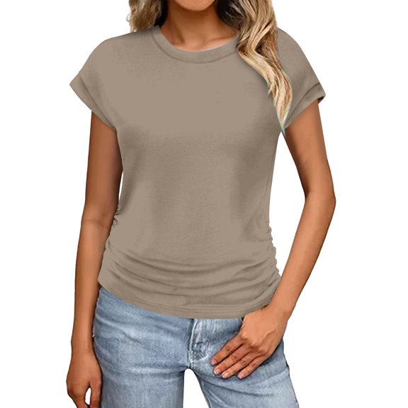 Tittly T Shirts for Women Basic Tees Womens Summer Tops Trendy 2025 Ruched Cap Short Sleeve Tshirts Shirts Crew Neck T Shirts Fashion Tshirts Shirts Tops for Women Trendy Khaki L