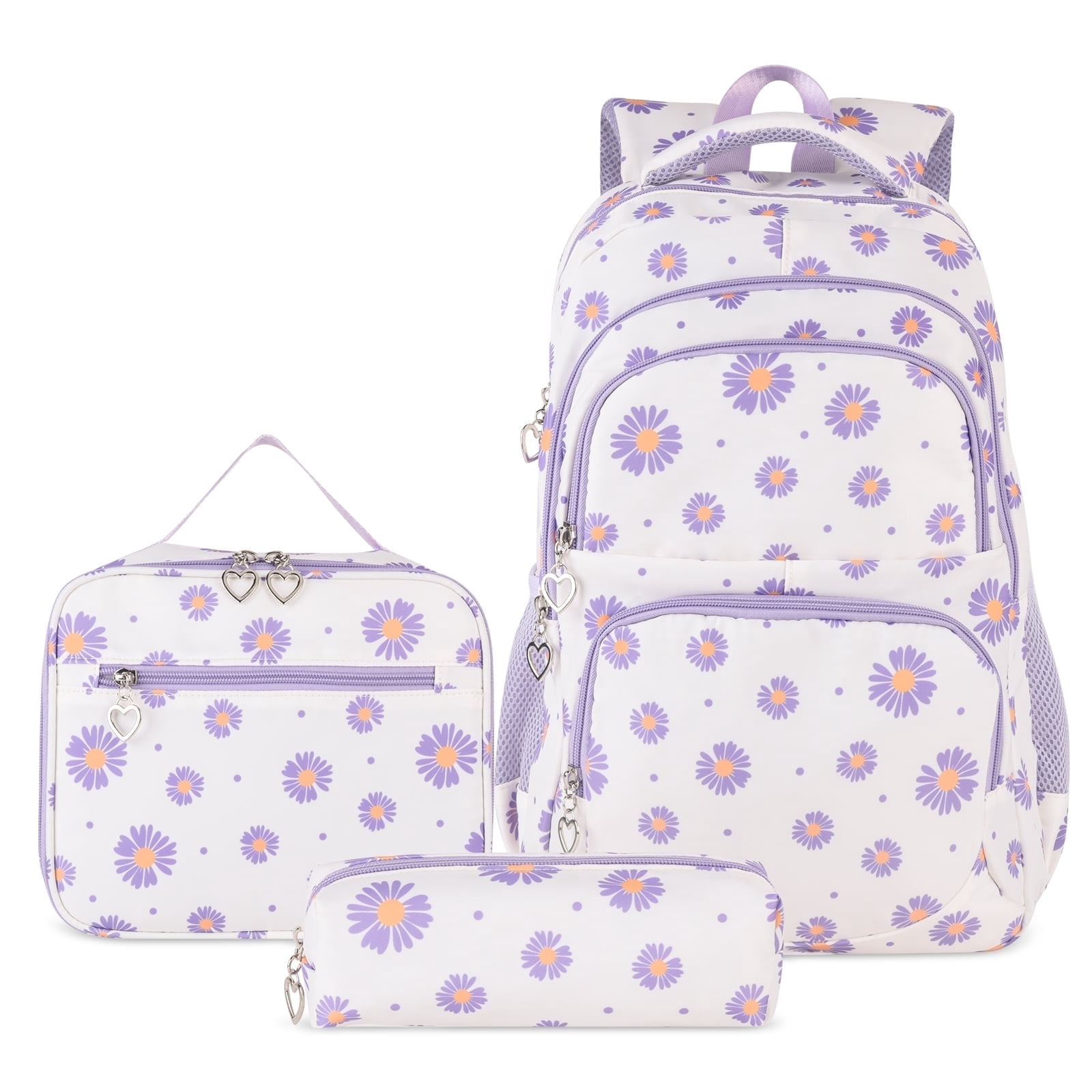 Forestfish Teen Backpack Set with Insulated Lunch Bag & Pencil Case, Water-Resistant Nylon School Bag（Daisy A/Beige）