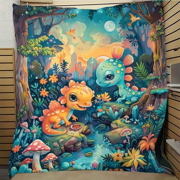 1pc Flannel Cute Cartoon Dinosaur Printed Blanket Shawl Blanket Soft Skin-friendly Casual Sofa Blanket, Throw Blanket, Nap Blanket, Multi-purpose Gift Blanket For Friends