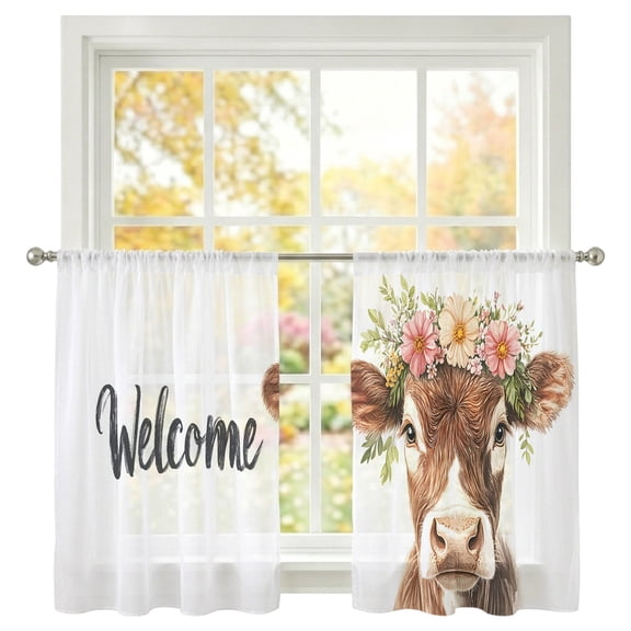 Cute Sheer Curtains 54 inches Long, Welcome Light Filtering Sheer Window Curtains Rod Pocket Voile Drapes for Bedroom Living Room, 2 Panels