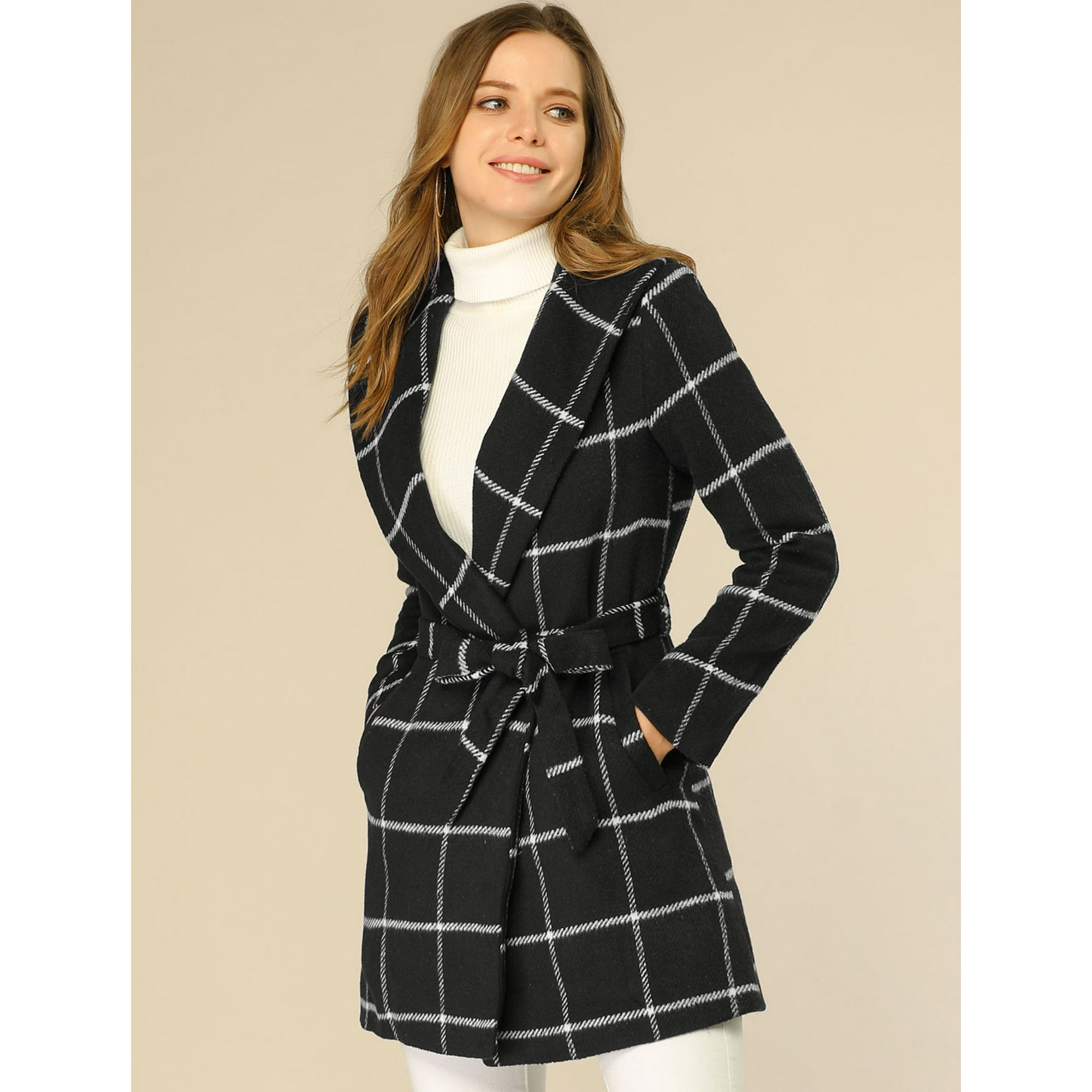 Unique Bargains Women s Plaid Shawl Collar Belted Wrap Winter Coat Black