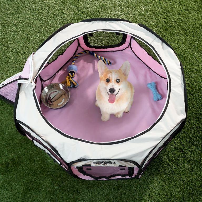Portable Puppy Playpen - Small Pop-Up Play Yard for Pets Up to 25lbs with  Mesh Windows, 2 Pockets, Zippered Roof, and Carry Bag by PETMAKER (Pink) 