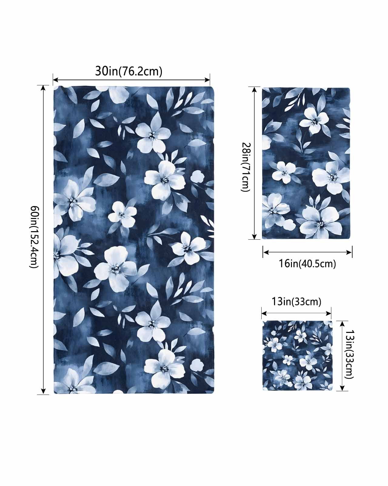 Navy Blue Spring Floral Towel Set of 3, Soft Microfiber Bath Towels, Hand Towel, Washcloths, Summer Flowers Watercolor Botanical Quick-Dry Absorbent Towels for Bathroom Kitchen Hotel Beach Gym Spa