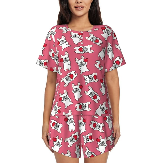 Balery French Bulldog And Heart Conjunto de Pijama para Mujer con Estampado, Dos Piezas de Manga Corta y Shorts, Ropa de Dormir Suave con Cuello Redondo y Bolsillos-Small