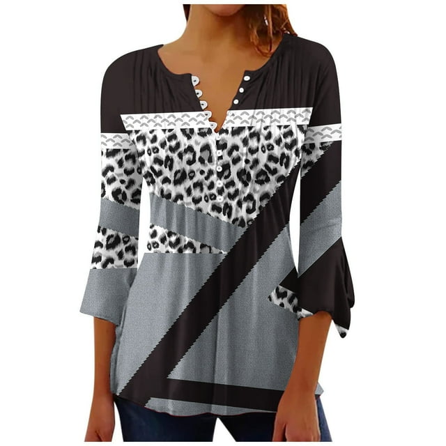 Blusas de Algodón para las Mujeres Impresas 3/4 Mangas V-Cuello Camiseta, Blusa de Algodón de Imitación Casual para las Mujeres