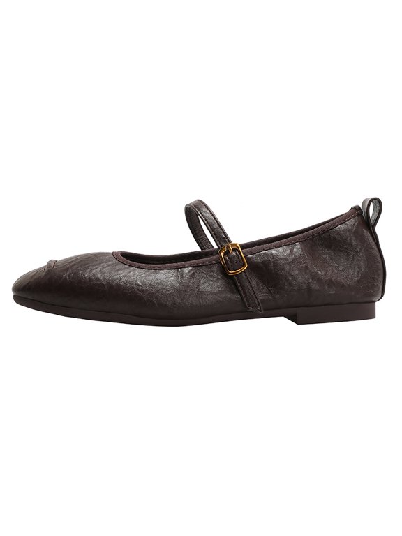 Women's Square Toe Mary Jane Flats, Soft Leather, Buckle Closure, Casual Shoes