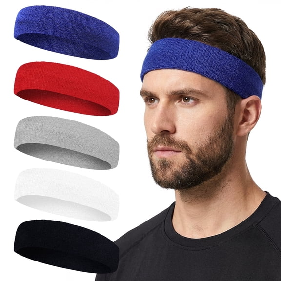 Sweat Band, Workout Headbands for Men & Women, 5-Piece Multicolor No Slip Sweat Headband Set - High-Quality Stretchable Fabric, Sweat-Wicking & Anti-Slip Design for Fitness, Running, Basketball