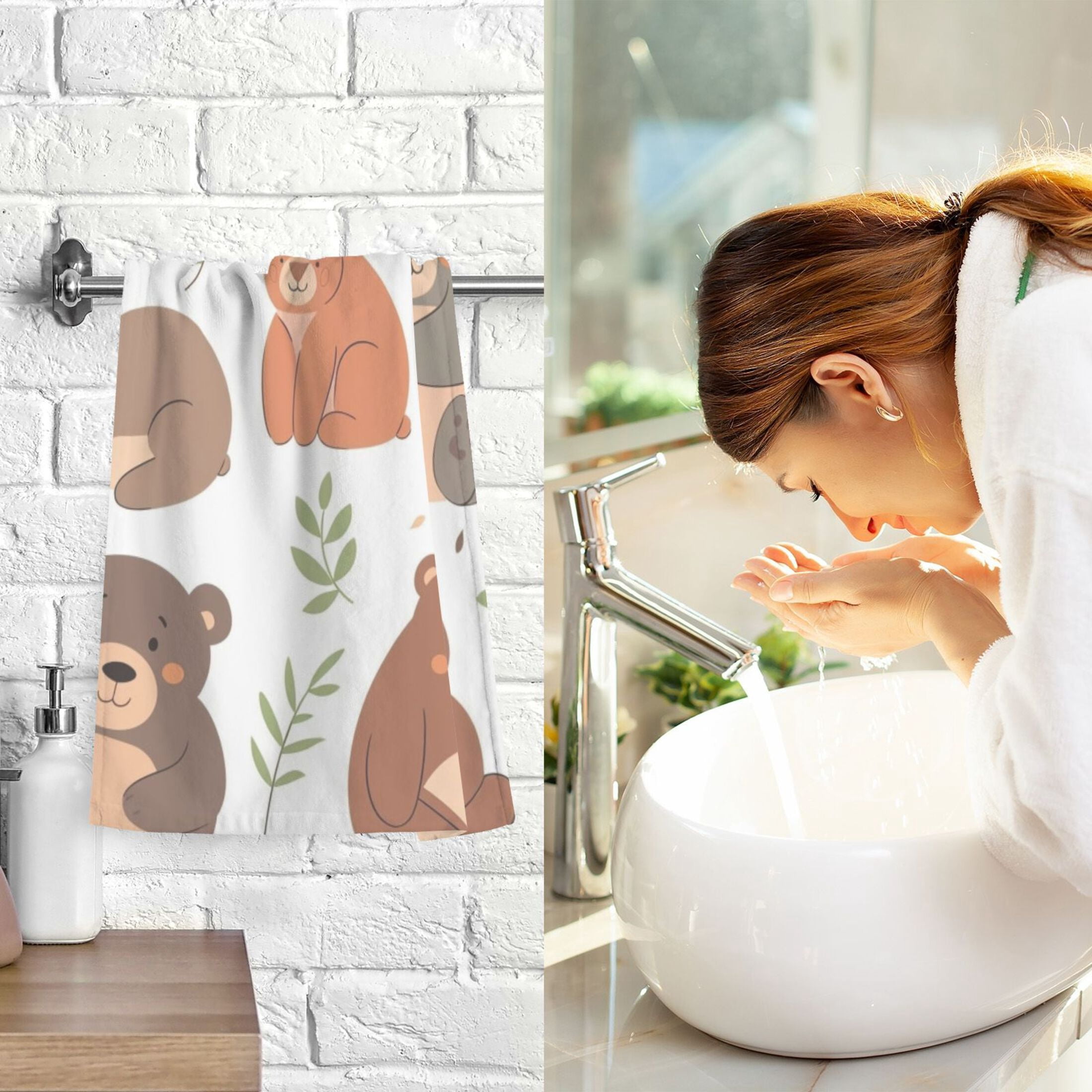 Cotton Bath Towels Soft Face Towel Absorbent Quick Dry Cute Bears with Leaf 16"x28" 2 Pack