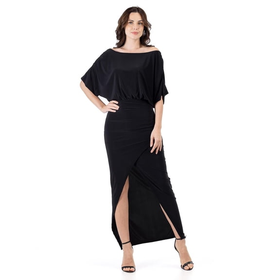 24seven Comfort Apparel Womens Long Sleeve V Neck Side Slit Maxi Dress-R0066300-BLAC-S