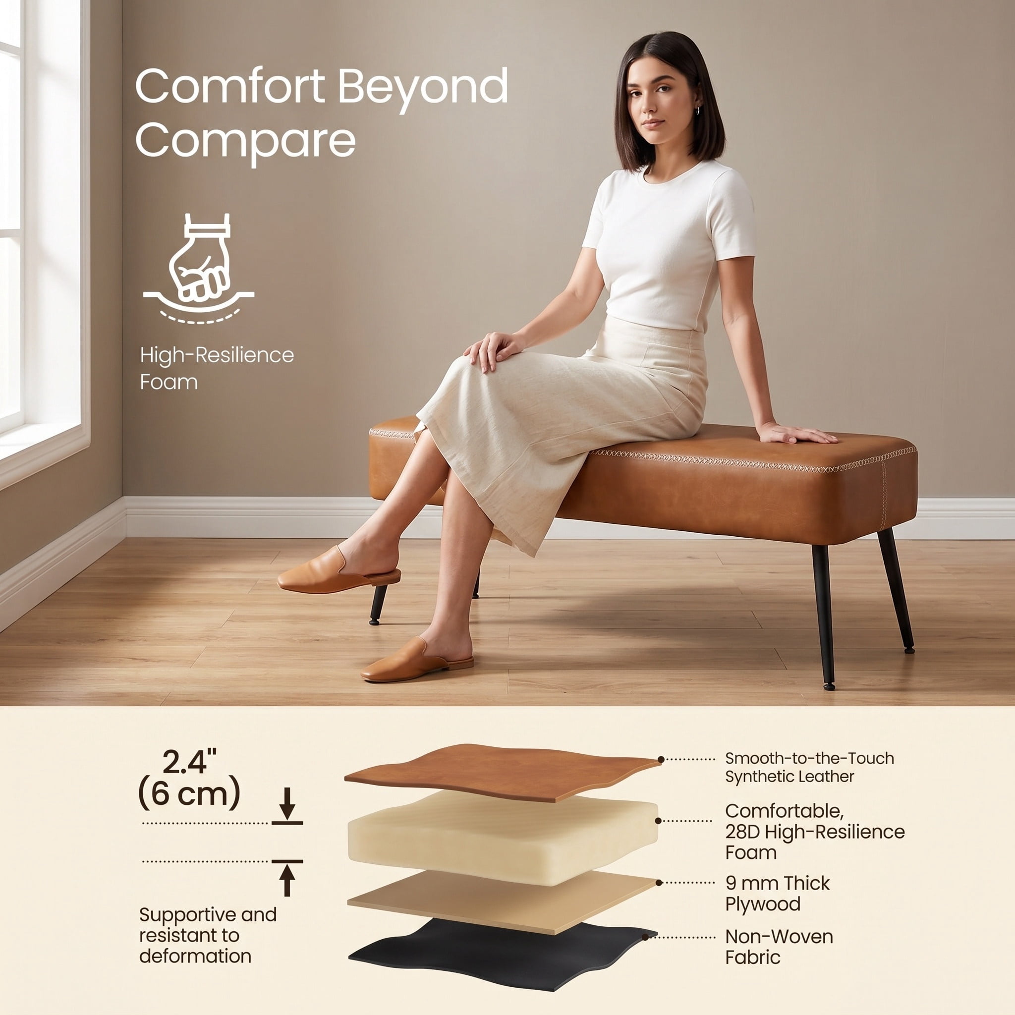 Nordic Hygge Mid-Century Modern Entryway Bench, Caramel Brown