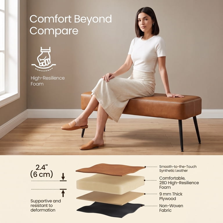 Nordic Hygge Mid-Century Modern Entryway Bench, Caramel Brown photo 4