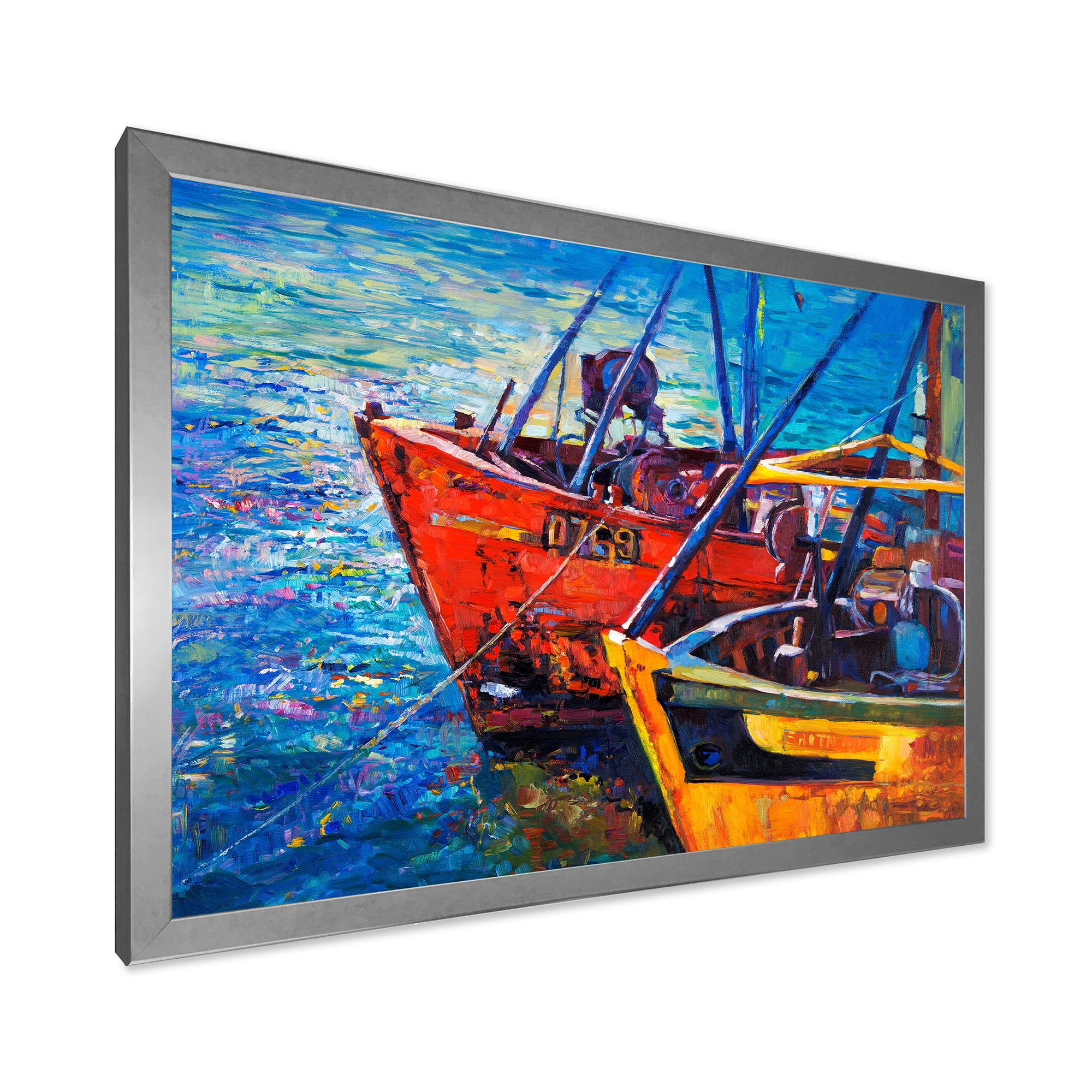 Boats During Warm Sunset Resting On The Water VII 32 in x 16 in Framed Painting Canvas Art Print, by Designart