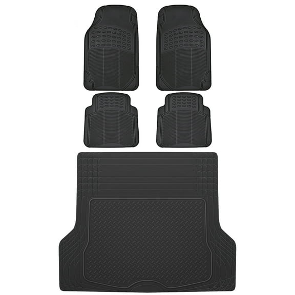 BDK OF-554 Rubber Car Floor Mats, Universal Front & Rear Combo Set with Trunk Cargo Mat Liner for Car Sedan SUV Van, Heavy Duty All Weather Trim To Fit